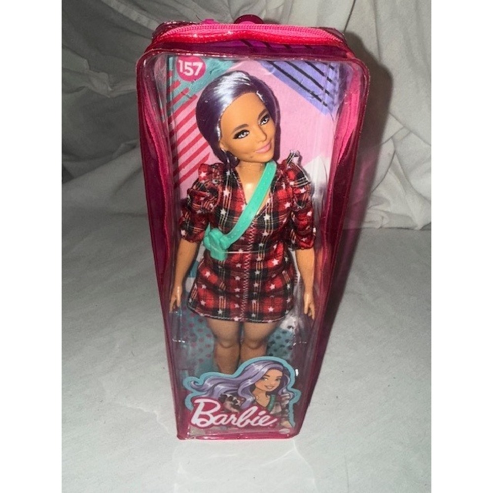 Barbie Fashionista Doll 157 Curvy Brunette Purple Hair‎ Plaid Dress New In Box